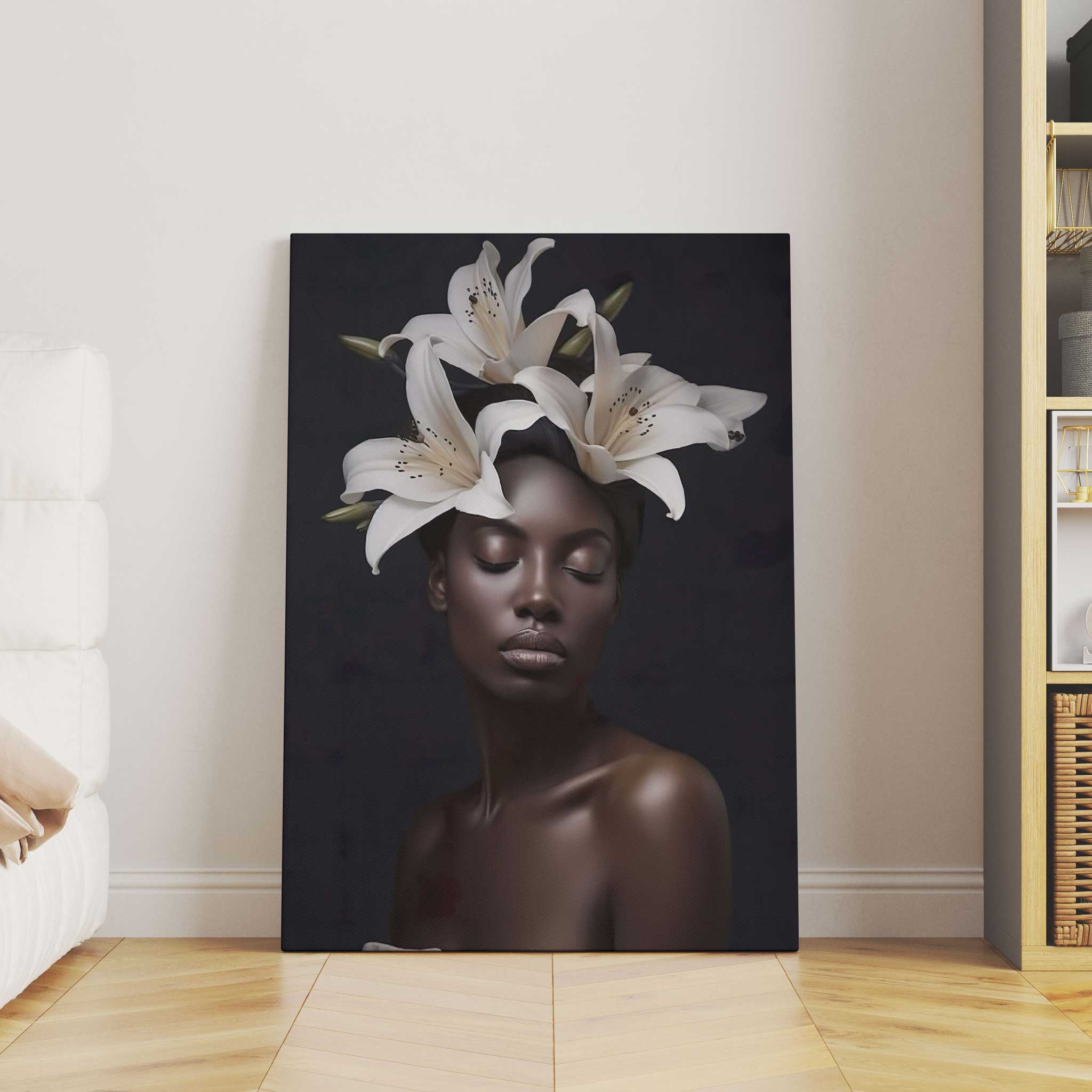 Afrikanische Frau mit weißem Blumenkopf Leinwandbild
