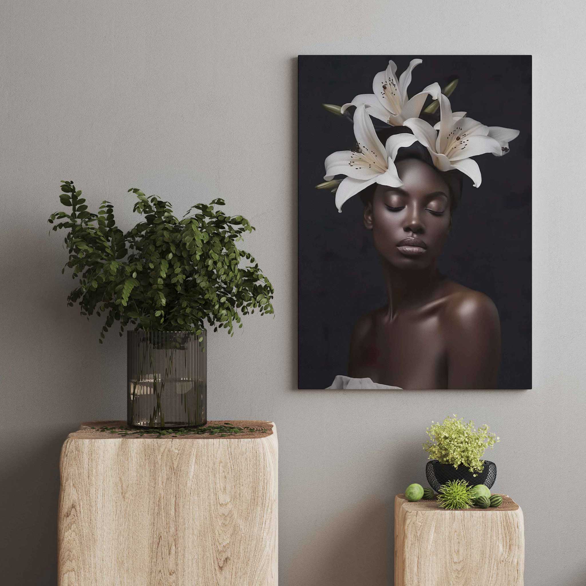 Afrikanische Frau mit weißem Blumenkopf Leinwandbild