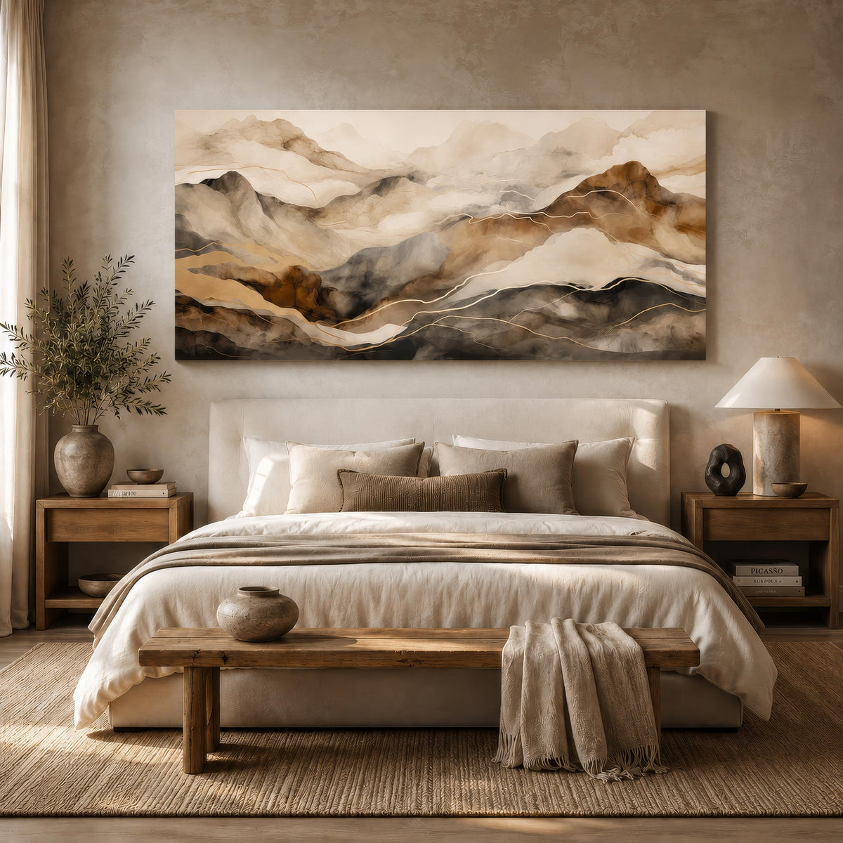 Leinwandbild abstrakte Berge Beige Braun Gold | Japandi