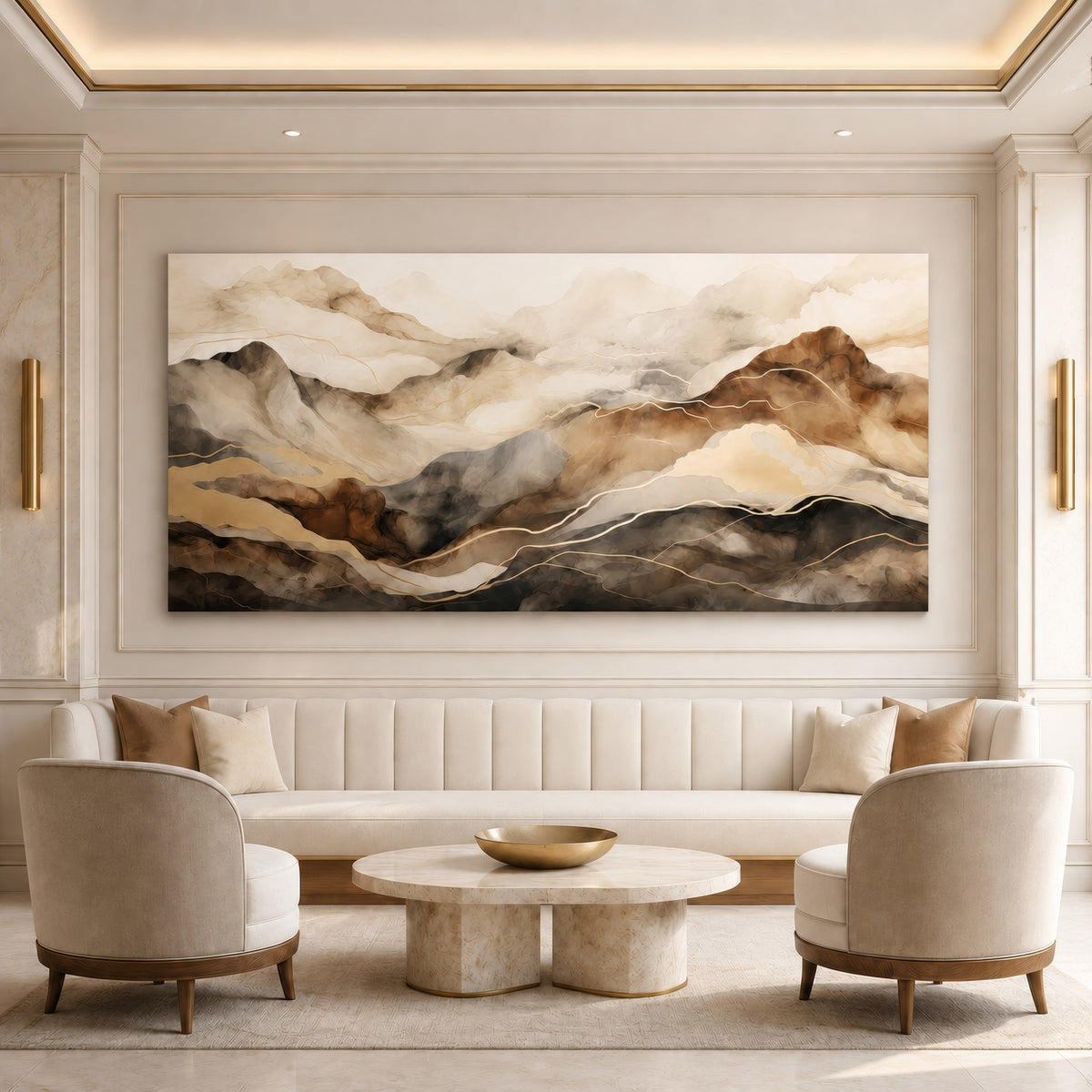Leinwandbild abstrakte Berge Beige Braun Gold | Japandi