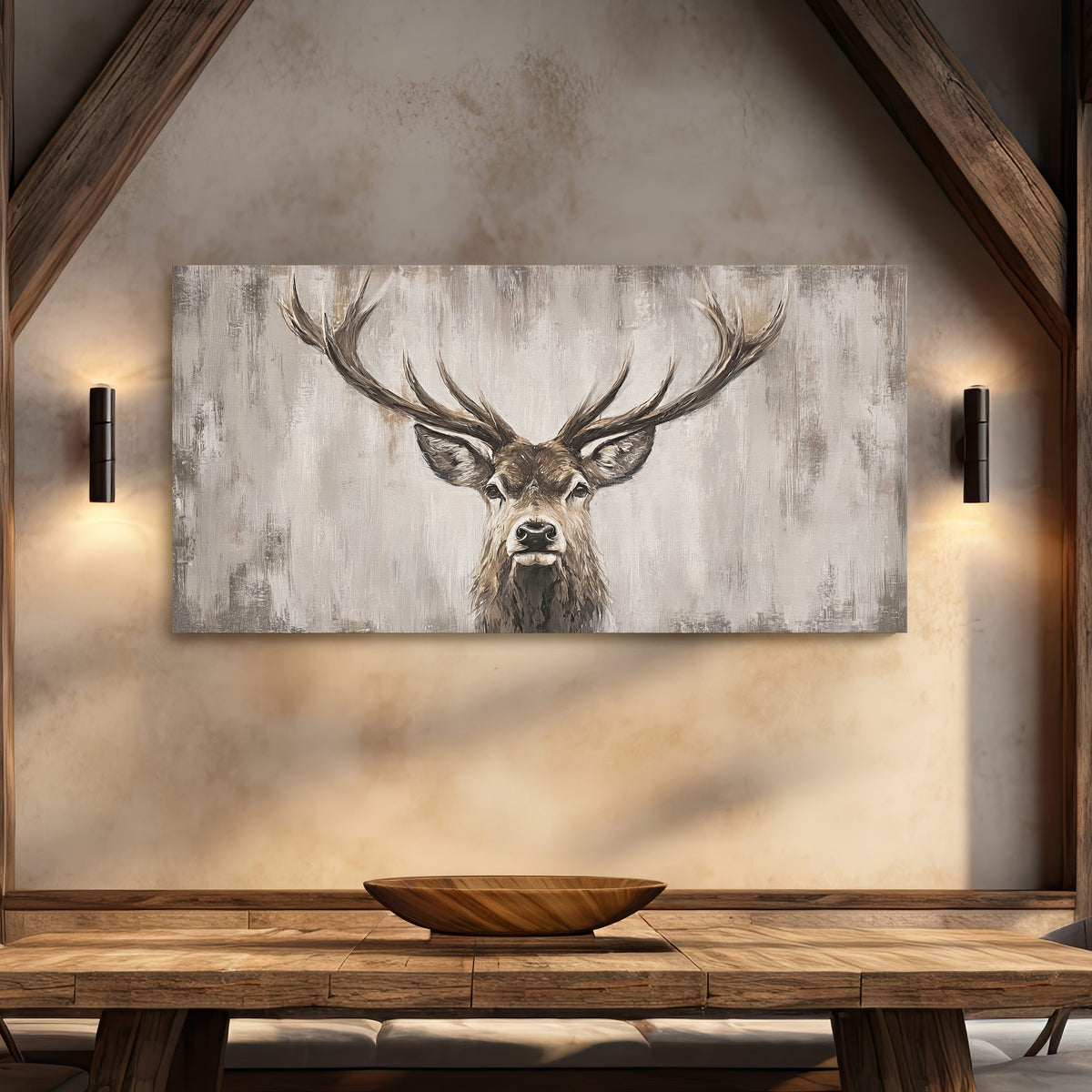 Hirsch Leinwandbild Beige Braun | Modernes Wildtier-Porträt