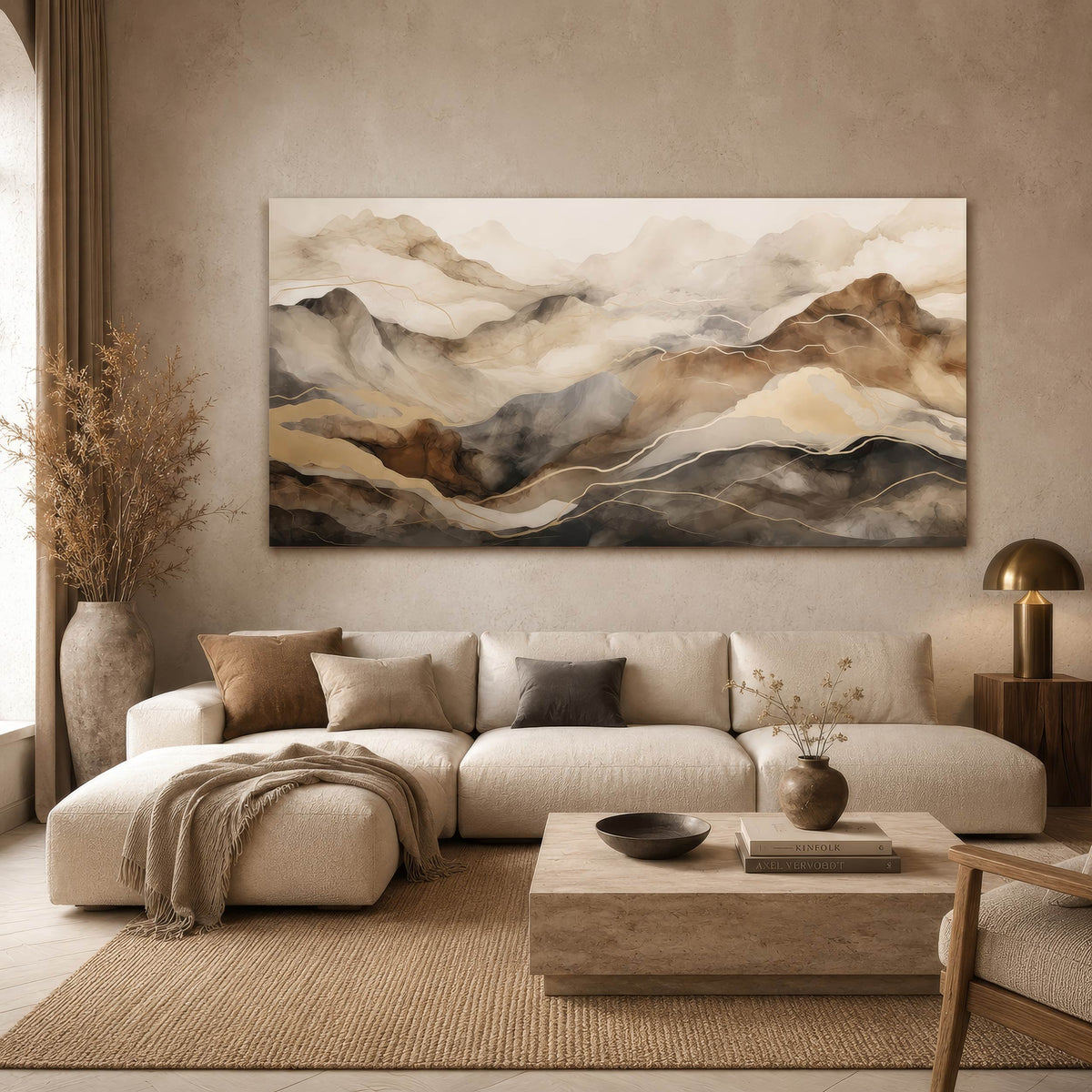 Leinwandbild abstrakte Berge Beige Braun Gold | Japandi