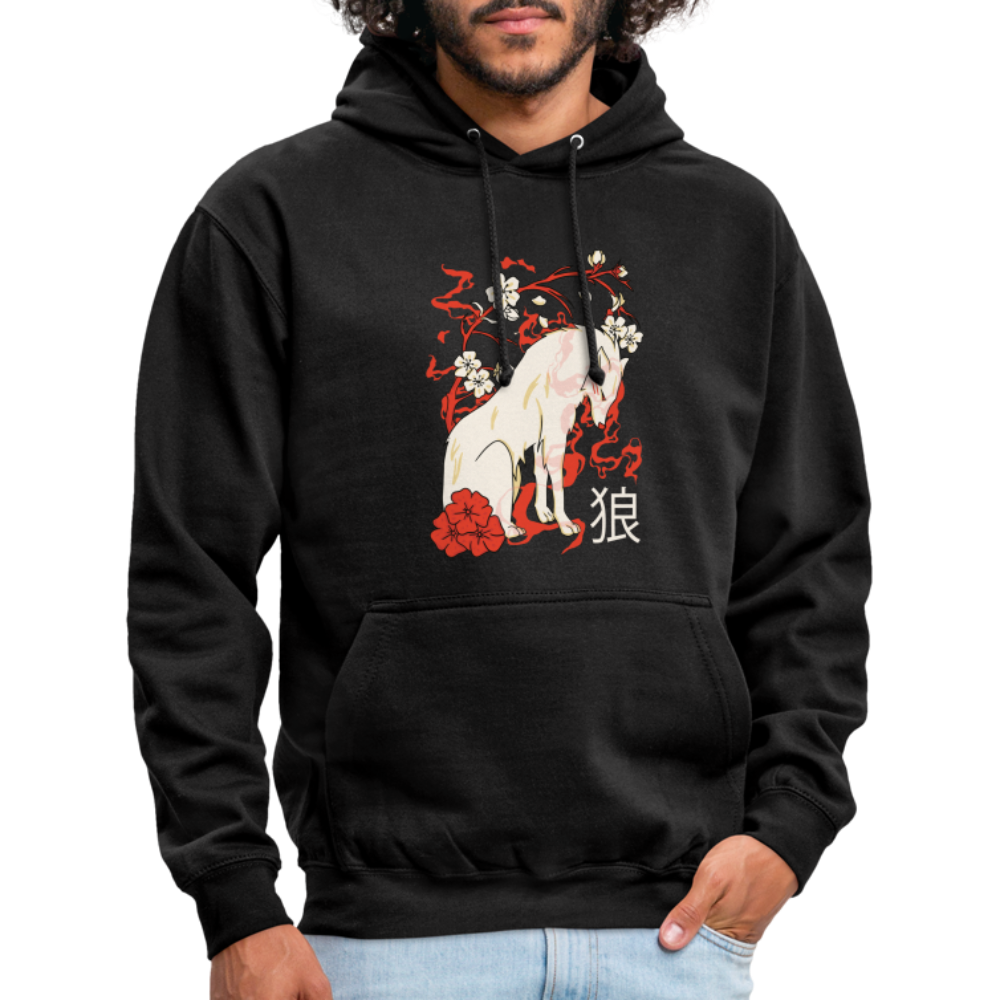 Japanese Wolf Floral Kapuzenpulli | Japan Asien Hoodie - Schwarz