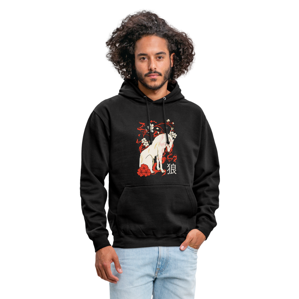 Japanese Wolf Floral Kapuzenpulli | Japan Asien Hoodie - Schwarz
