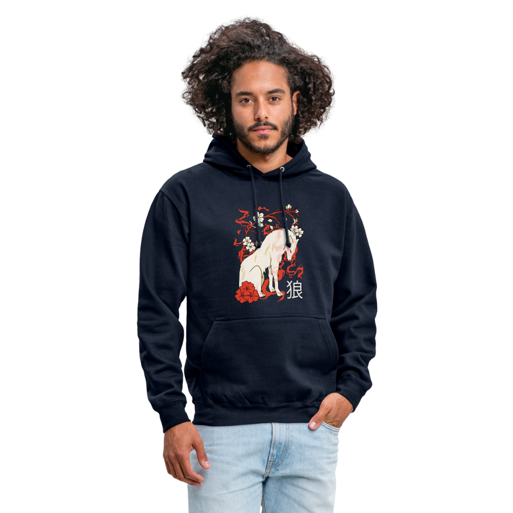 Japanese Wolf Floral Kapuzenpulli | Japan Asien Hoodie - Navy