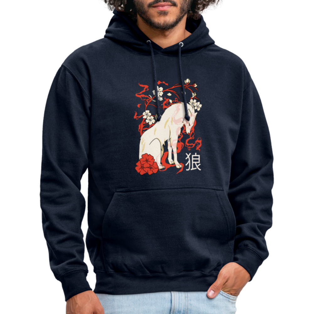 Japanese Wolf Floral Kapuzenpulli | Japan Asien Hoodie - Navy