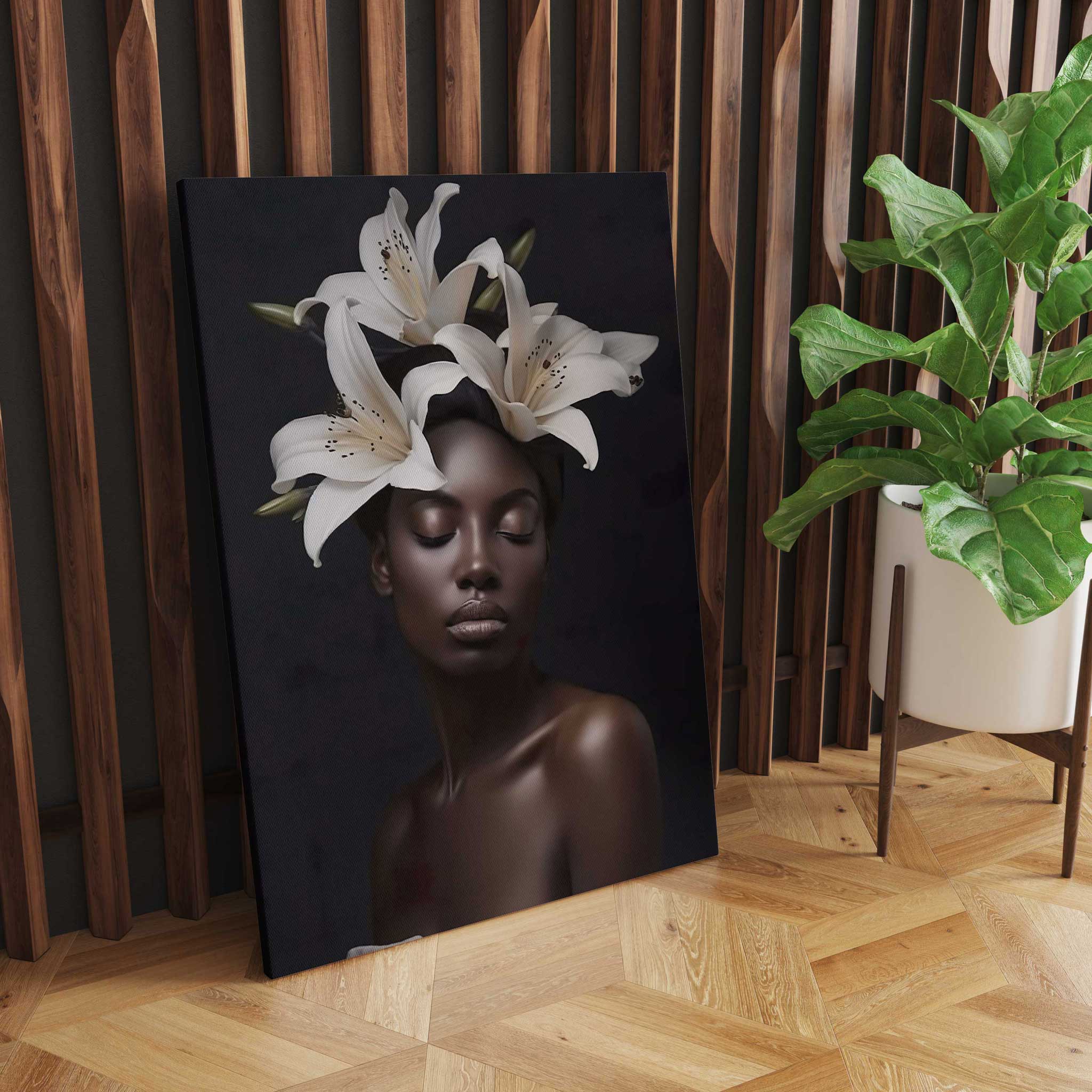 Afrikanische Frau mit weißem Blumenkopf Leinwandbild