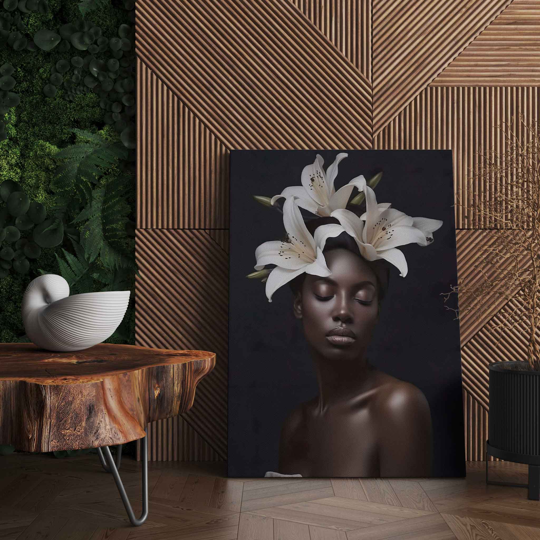 Afrikanische Frau mit weißem Blumenkopf Leinwandbild