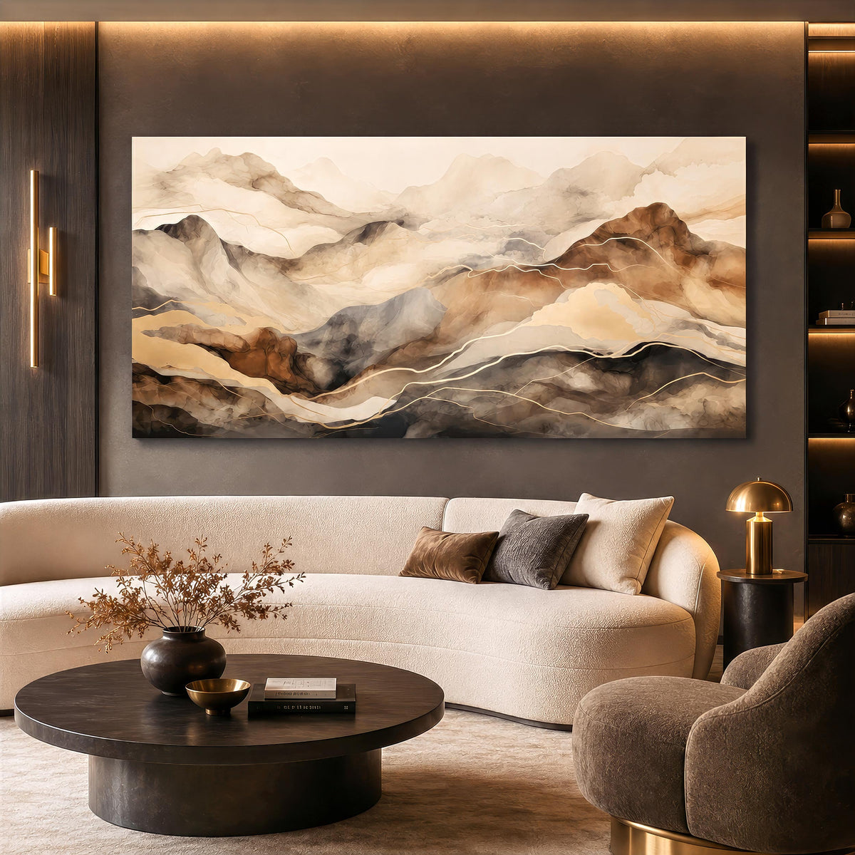 Leinwandbild abstrakte Berge Beige Braun Gold | Japandi