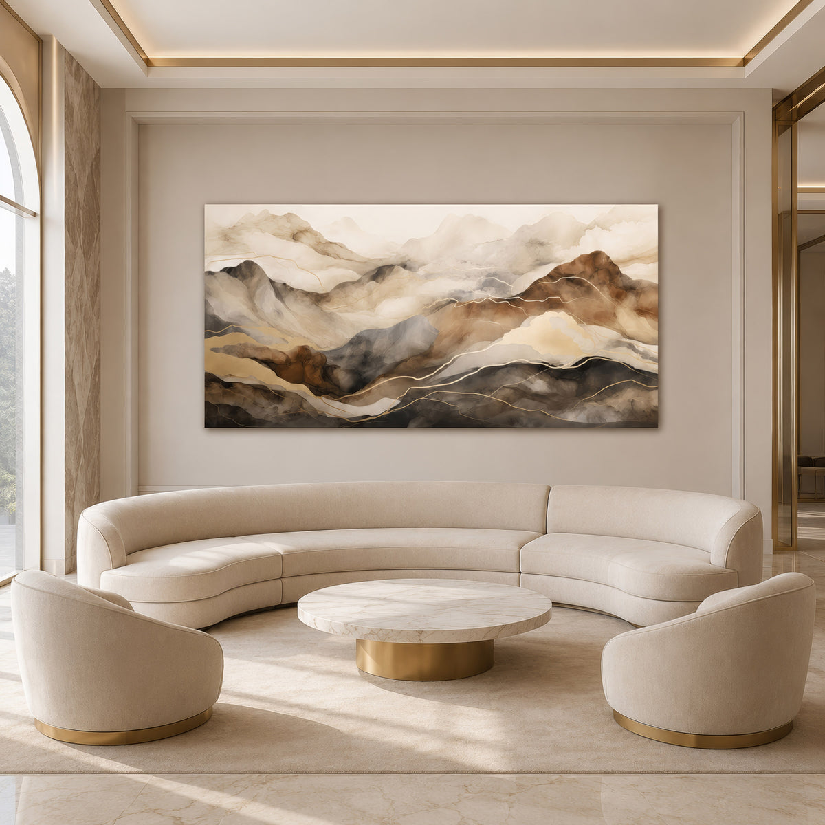 Leinwandbild abstrakte Berge Beige Braun Gold | Japandi