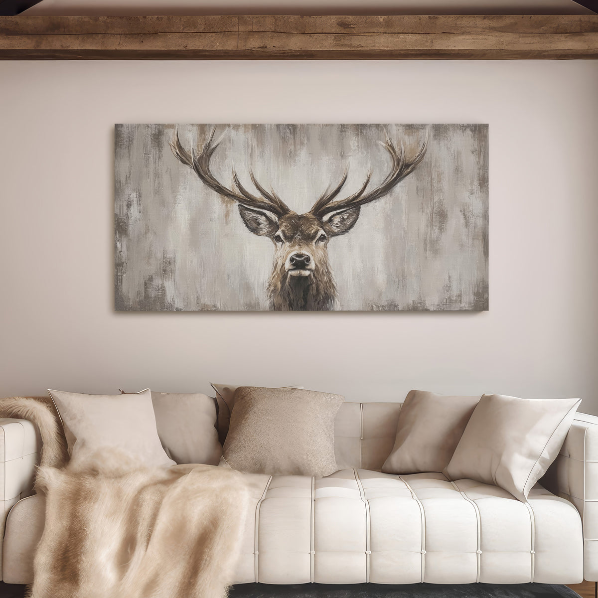 Hirsch Leinwandbild Beige Braun | Modernes Wildtier-Porträt