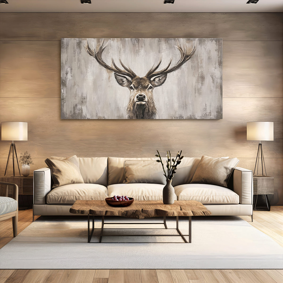 Hirsch Leinwandbild Beige Braun | Modernes Wildtier-Porträt