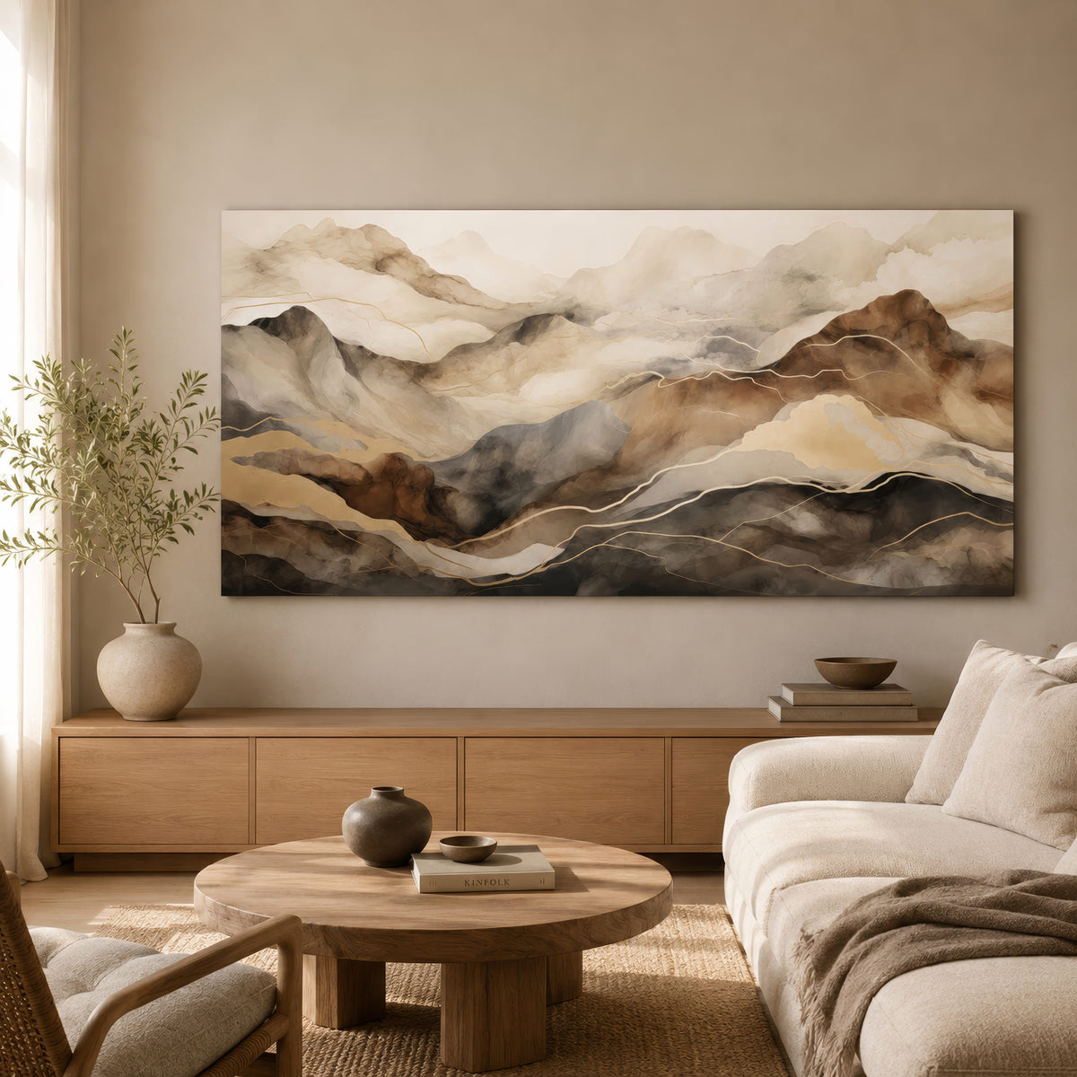 Leinwandbild abstrakte Berge Beige Braun Gold | Japandi